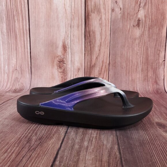 Oofos Oolala Womens 10 Black Calypso Flip Flop Thong Sandals Purple Ombre Fade - Picture 3 of 16